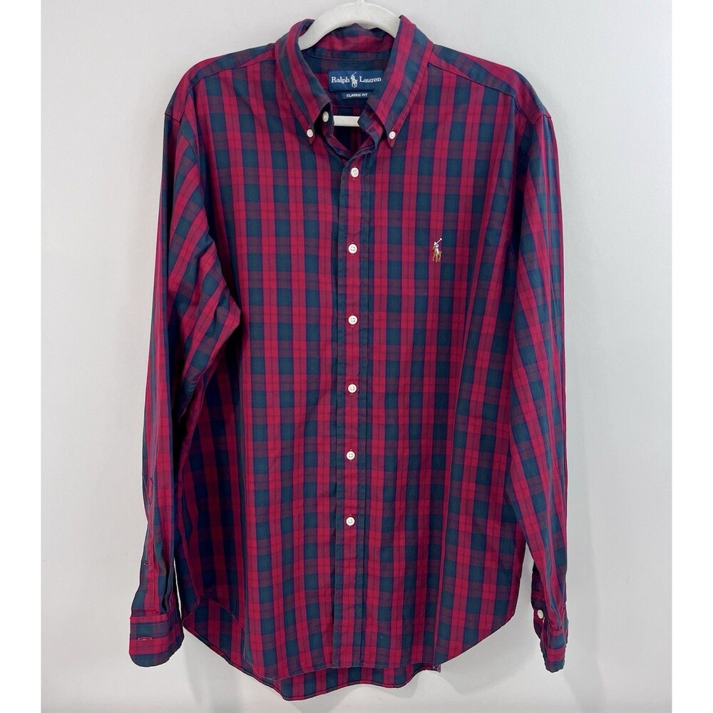 Polo Ralph Lauren Shirt Large 16.5 34-35 Red Plaid Cotton Flesh Pony Button